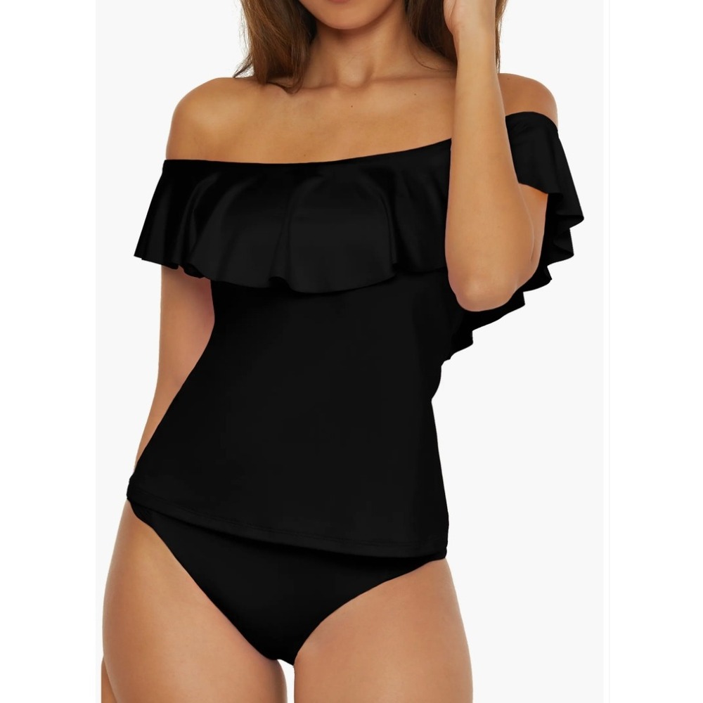 Trina Turk Monaco Ruffle Tankini Top 8 Black Off The Shoulder Swimwear